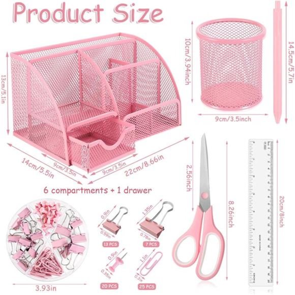 9 in 1 Pink Desk Organizers and Accessories Set, Pink Gifts Mesh Desk Organizer - Picture 4 of 7